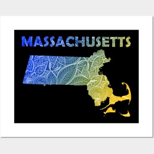 Colorful mandala art map of Massachusetts with text in blue and yellow Posters and Art